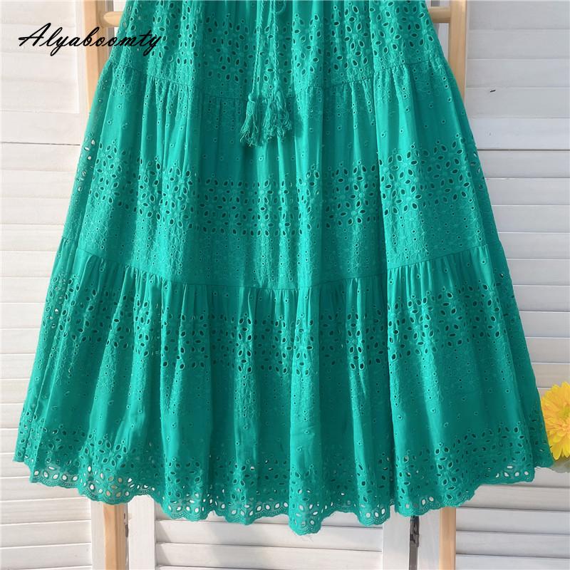 Spring Summer Women Sweet Skirt High Waist Purple Green Drawstring Tassel Skirts Hollow Out Elegant Ladies' Chic Skirts