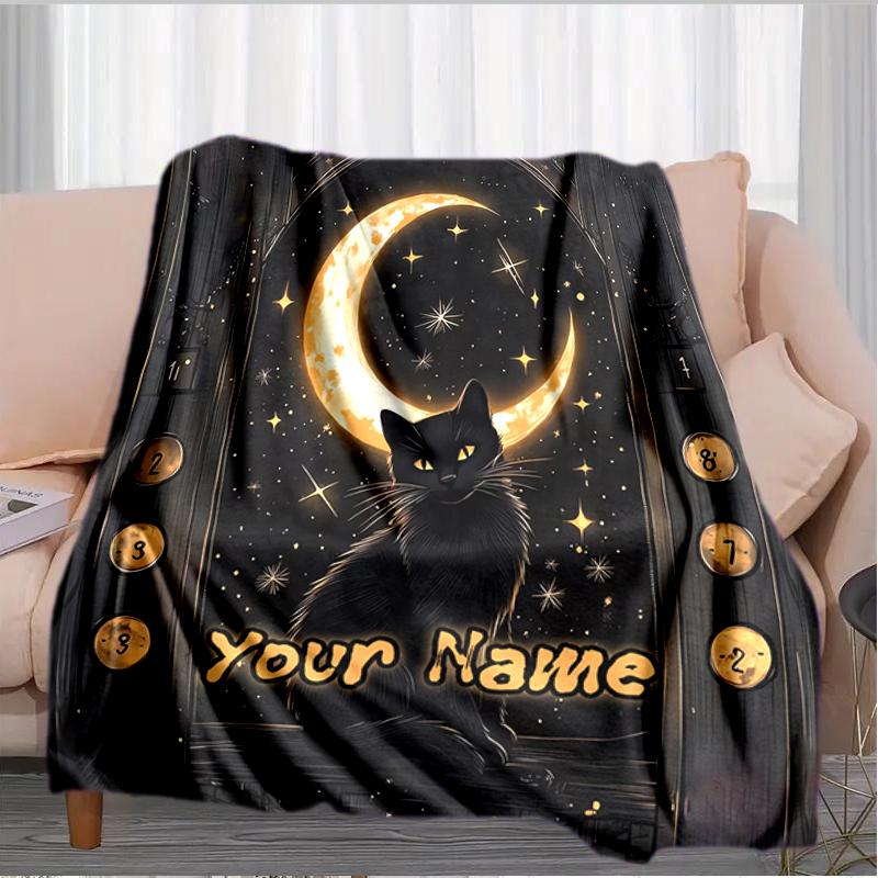 1PC Custom Name Moonlit Cat Journey blanket versatile,all-season throw suitable for the living room,bedroom,camping,travel,and gift