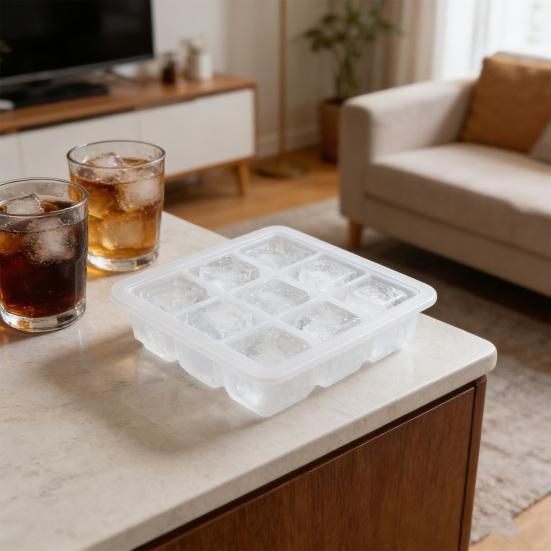 Large Silicone Ice Cube Mold with Lid 9-Cavity Sphere Mold for Whiskey Cocktails Easy-Release Leak-Proof Ice Tray for Freezer And Drinks
