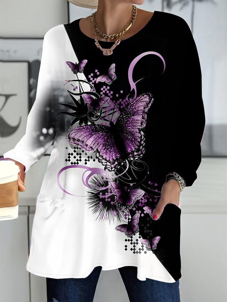 2025 Autumn Winter New Plus Size Women's Tops, Butterfly 3D Print Fashion Crew Neck Long Sleeve T-Shirts