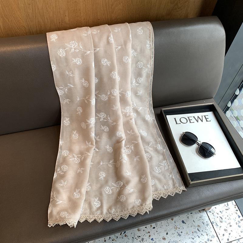 Four Seasons Cotton And Linen Feel Scarf Plain Floral Lace Soft Skin-Friendly Small Fresh Accessories Silk Scarf Women'S Shawl