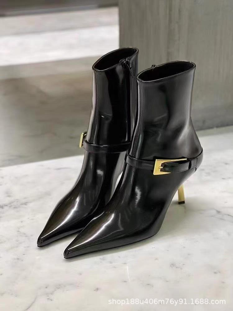 [Spot] Winter Pointed Patent Leather Short Boots for Women, European and American Temperament, Gold Fine Heel Side Zipper, Black High Heels for Women