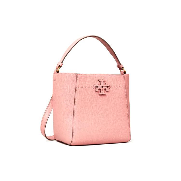 Tory Burch TB McGraw Series Pebbled Leather Bucket Bag Small Women Bags Pink 74956-651