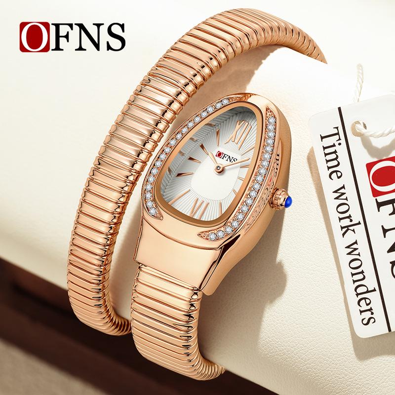 SANDA Women's Luxury Snake Head Bracelet Watch with Roman Mother-of-Pearl Dial, Diamond Accents, English Two-Hand, 30M Water Resistant.