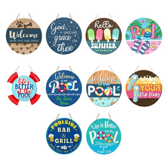 Swimming Pool Sign Summer Wooden Hanging Sign, Weather Resistant Solid Wood Plaque with Outdoor Wall Art Hemp Rope for Beach Party And Decoration