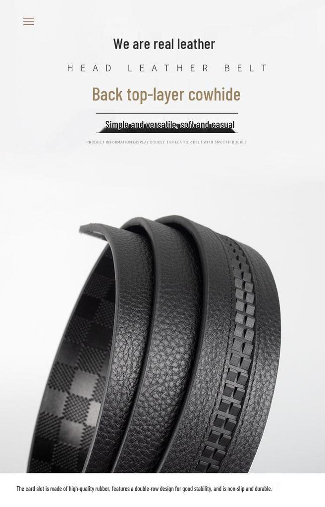 Men's Leather Belt, Genuine Leather, Automatic Buckle, Plaid Pattern