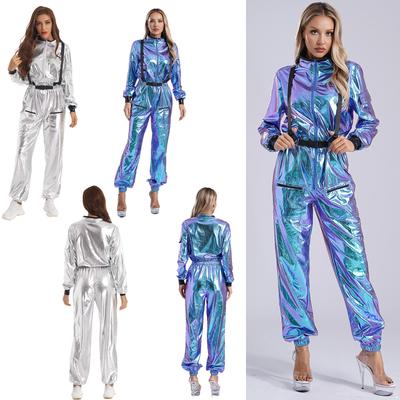 Damen Astronautenkostüm Metallisch Glänzender Jumpsuit Stehkragen Langarm Bodysuit mit durchgehendem Reißverschluss Weltraum Rollenspiel Halloween-Outfit