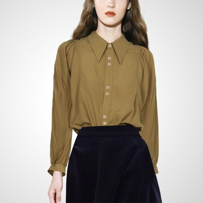 

Belly-Covering Youthful-Looking Green Fall Slim Fit Shirt Deep Khaki (Long sleeves) M