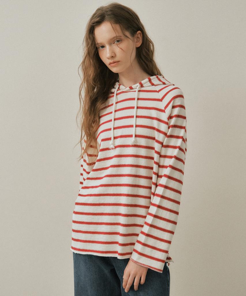Striped Waffle Hooded Sweatshirt_Red(W25-Tp35)