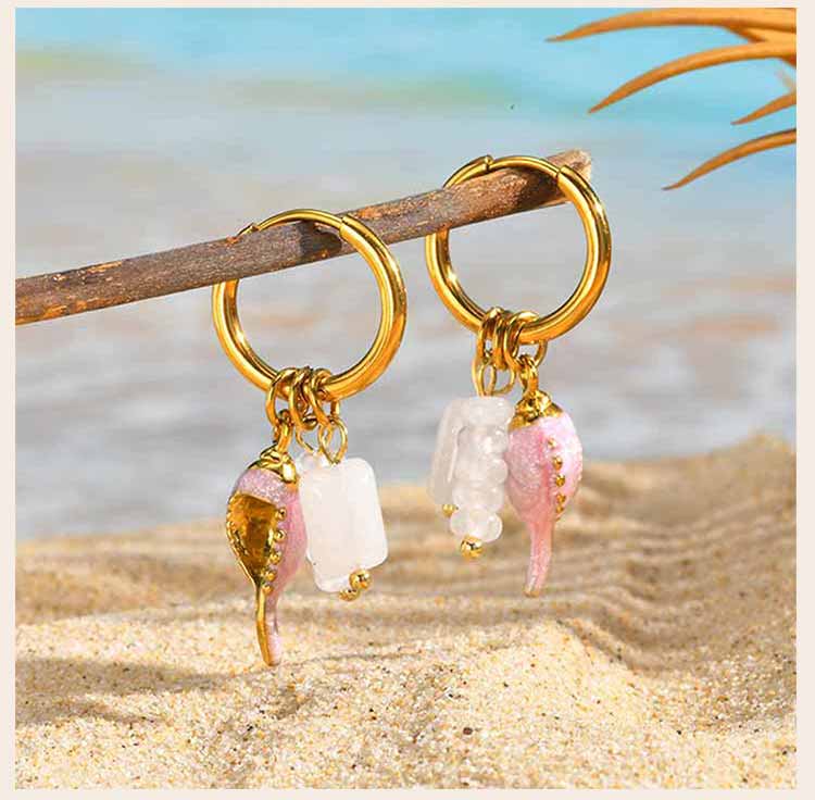 Ocean Starfish Turtle Fish Shell Charms Stainless Steel Hoop Earrings for Women Natural Stone Gravel Dangle Earrings Jewelry
