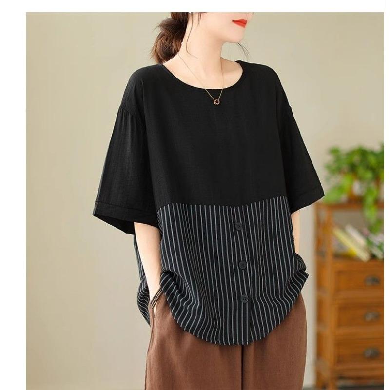 Ice Silk Cotton Linen Loose Slim Striped T-shirt for Women Summer Thin Button Splicing Short-sleeved Top