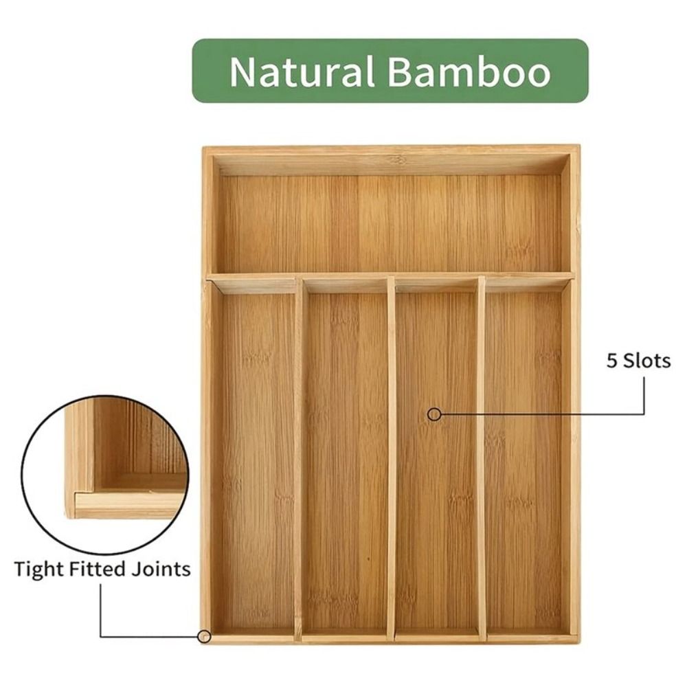 Five-Grid Design Bamboo Silverware Organizer Simple Elegant Kitchen Drawer Organizer Multi-purpose Western Style