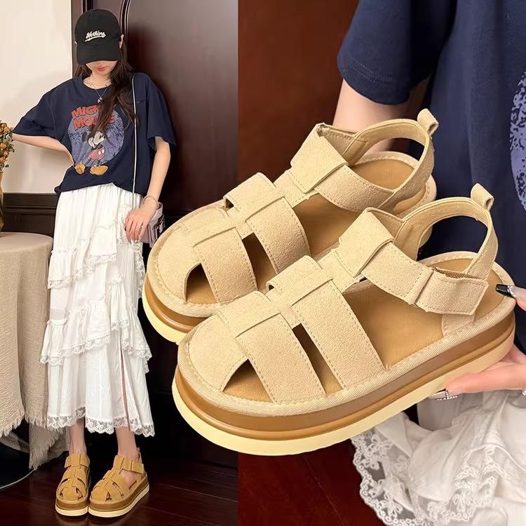 Small leather platform Roman sandals women's 2025 summer Velcro heightening lightweight woven pig cage beach shoes