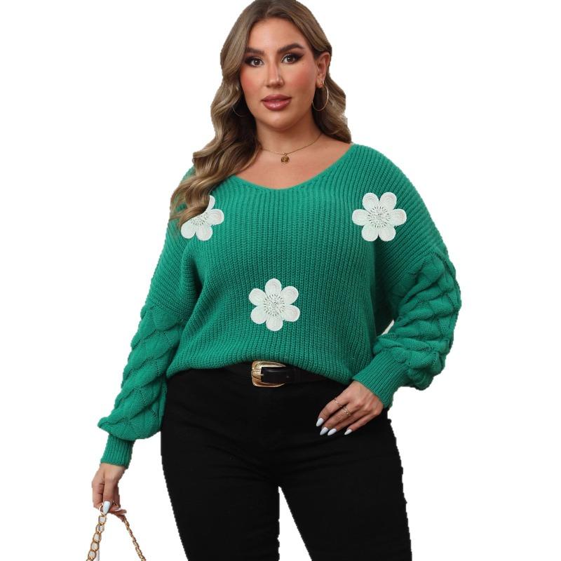 

Женский свитер с рукавами-ананасами, вязаная базовая рубашка с вставками, трехмерная цветочная вышивка, пуловер для женщин L зелёный