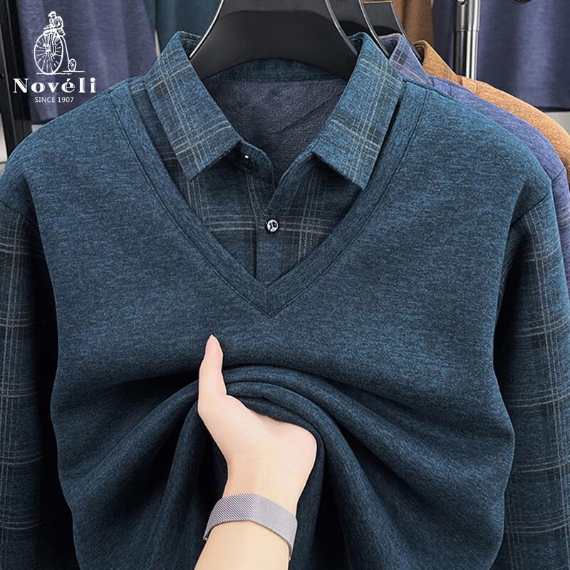 Men's Faux Two-Piece Fleece-Lined Wool Blend Sweater