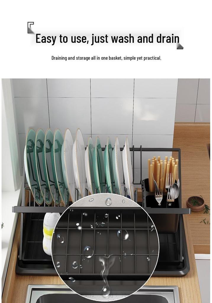 Foldable Wrought Iron Kitchen Dish Rack with Drip Tray & Chopstick Holder