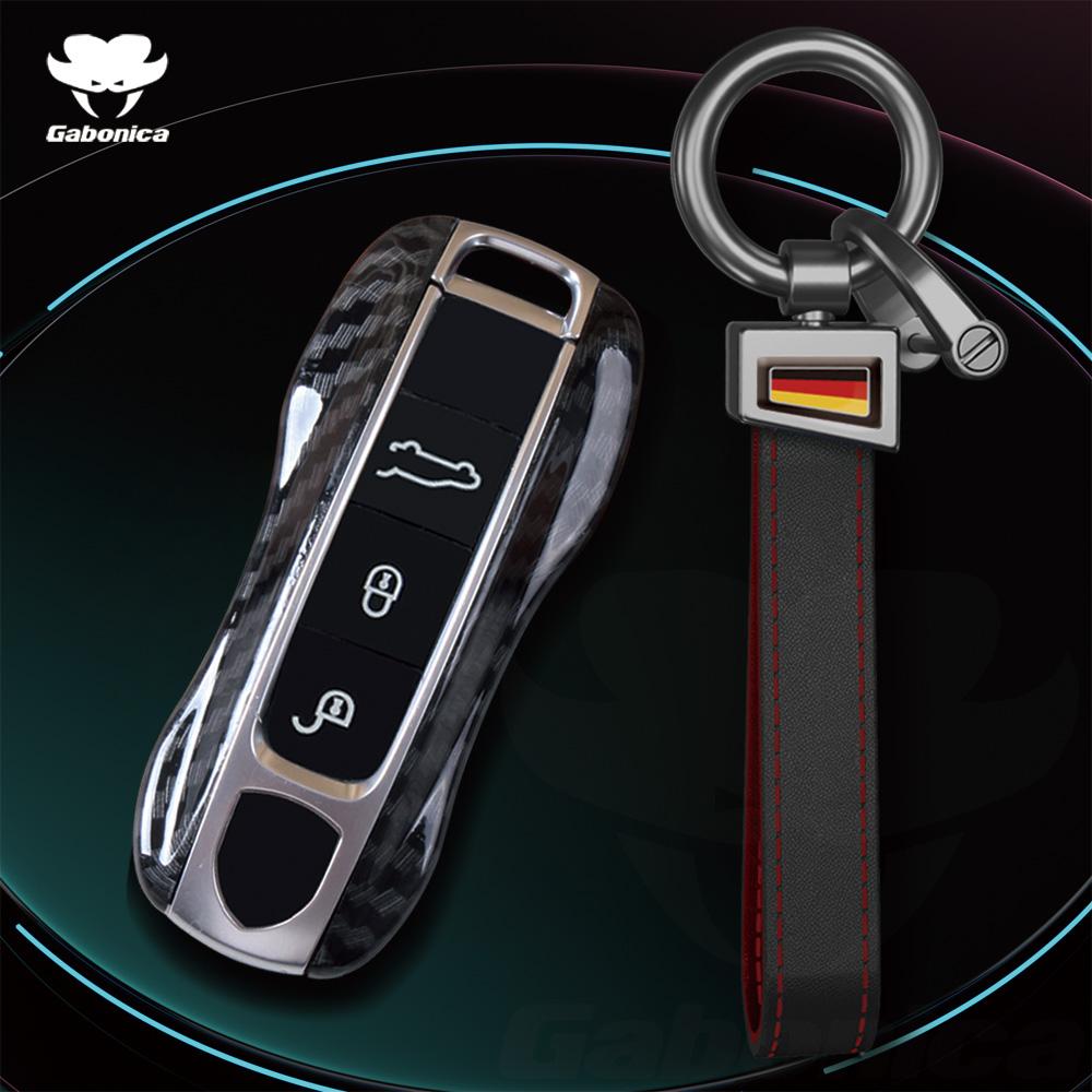 For Porsche Cayenne Coupe Panamera Taycan 911 971 9Ya Macan Boxste Carbon Fiber Car Key Fob Case Cover Keyless Chain Ring Holder