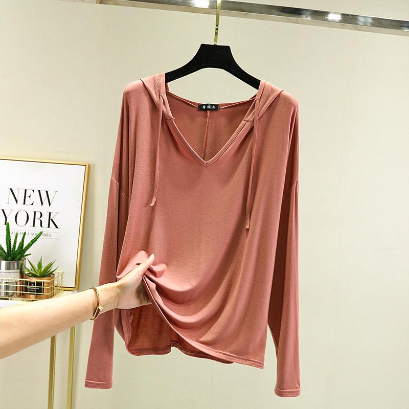 Plus Size Women's Long-Sleeve Modal T-Shirt - Hooded, Solid Color, Sun Protection, Lightweight for Spring/Summer