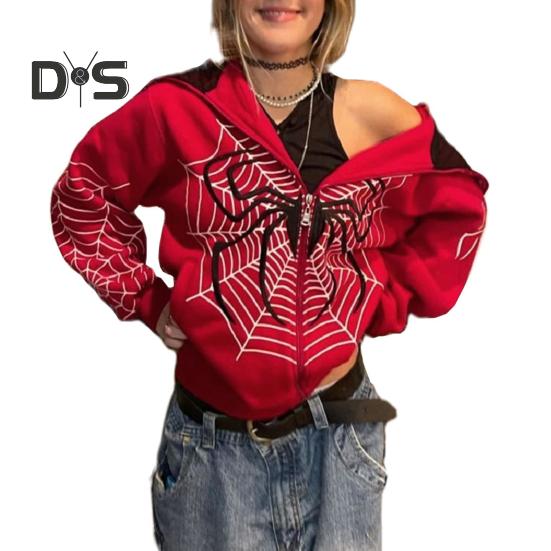 

Женские толстовки с принтом паутины, куртки в стиле панк, уличная одежда, винтажное пальто на молнии с капюшоном в готическом стиле, осенне-зимняя одежда XL красный