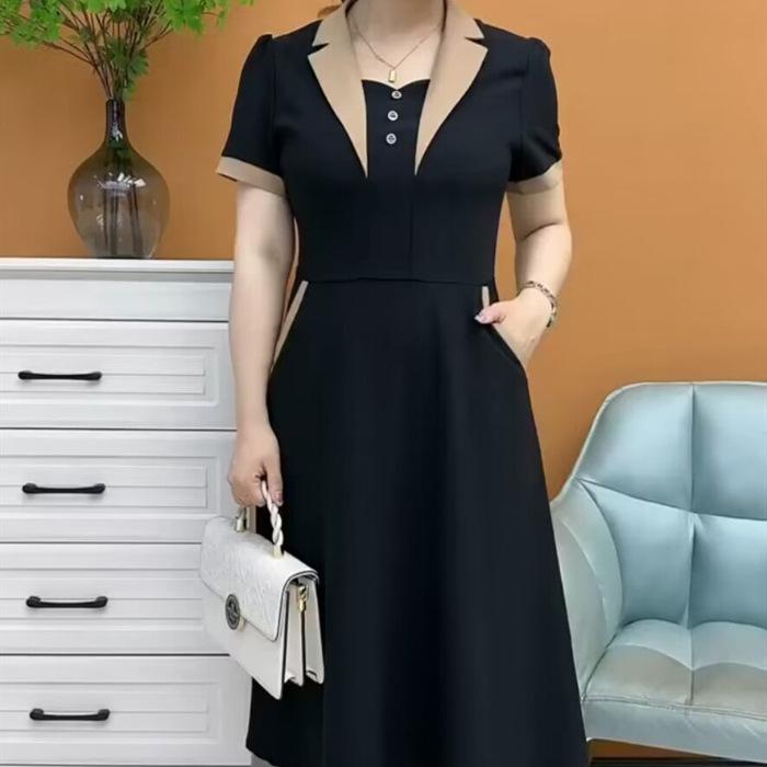 

YYFS женские модные летние весенние однотонные повседневные платья с короткими рукавами и воротником-поло с высокой талией и принтом XXXL чёрный