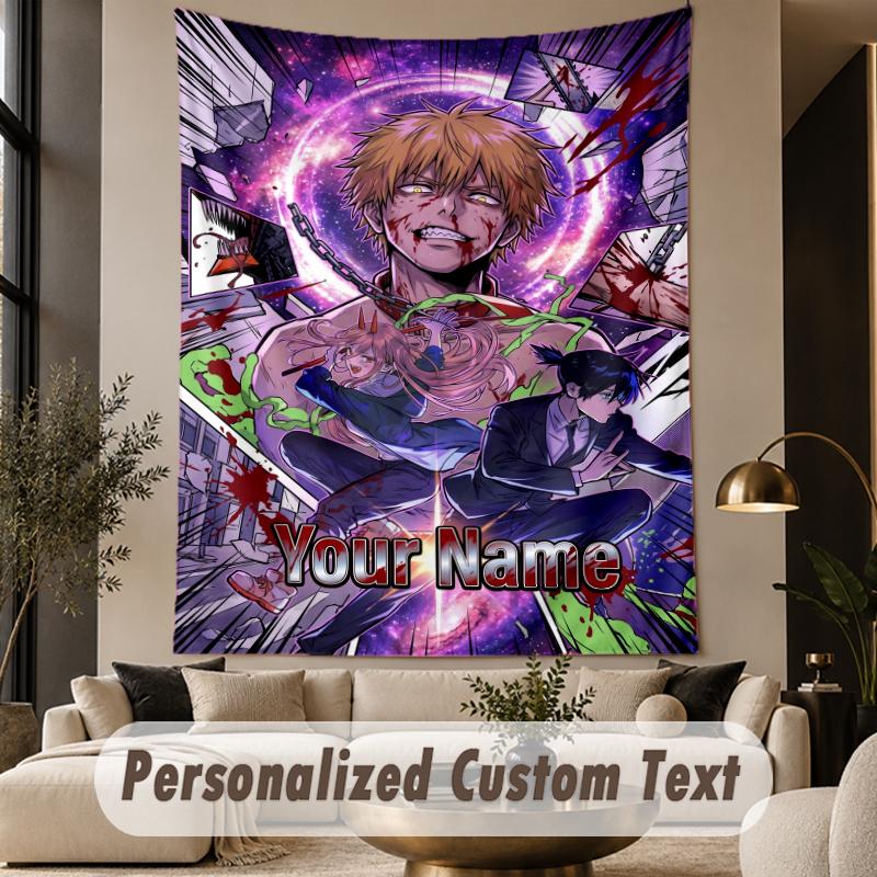 Custom Text Printed Tapestry Chainsaw Man Pattern Large Wall Hanging Indoor Room Decor