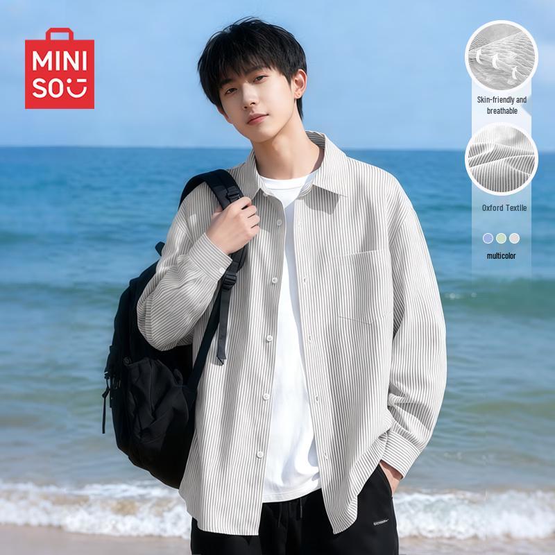 MINISO Men's Striped Casual Long Sleeve Shirt