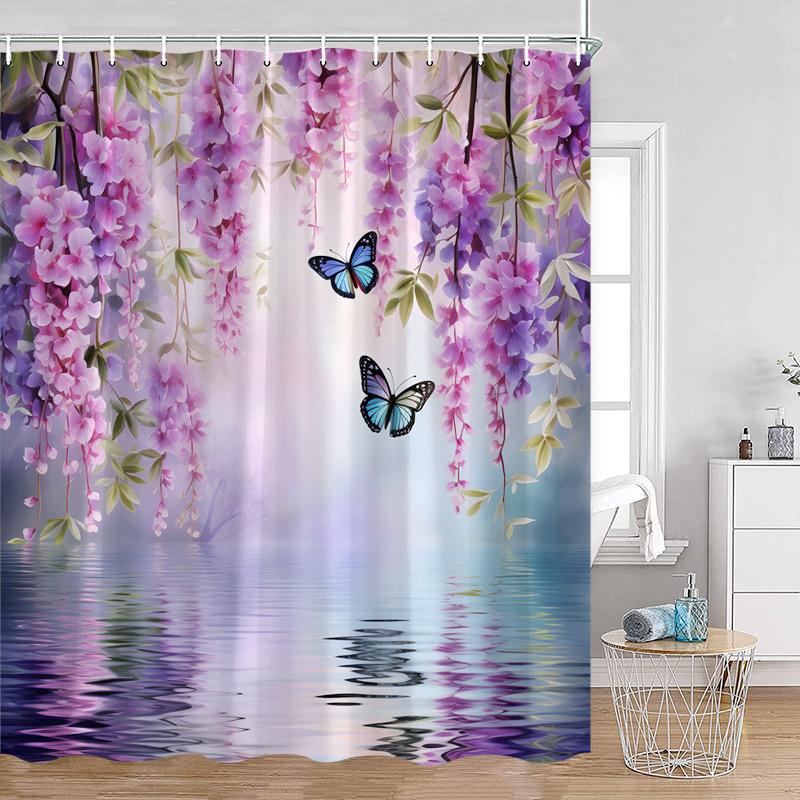 Floral Blue Butterfly Shower Curtain Purple Flowers Butterflies Plant Polyester Fabric Bathroom Decor Bath Curtains with Hooks