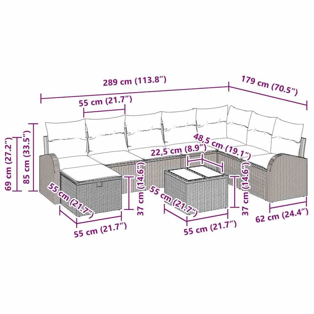 9 Piece Sofa Set with Cushions in Black and Cream Poly Rattan