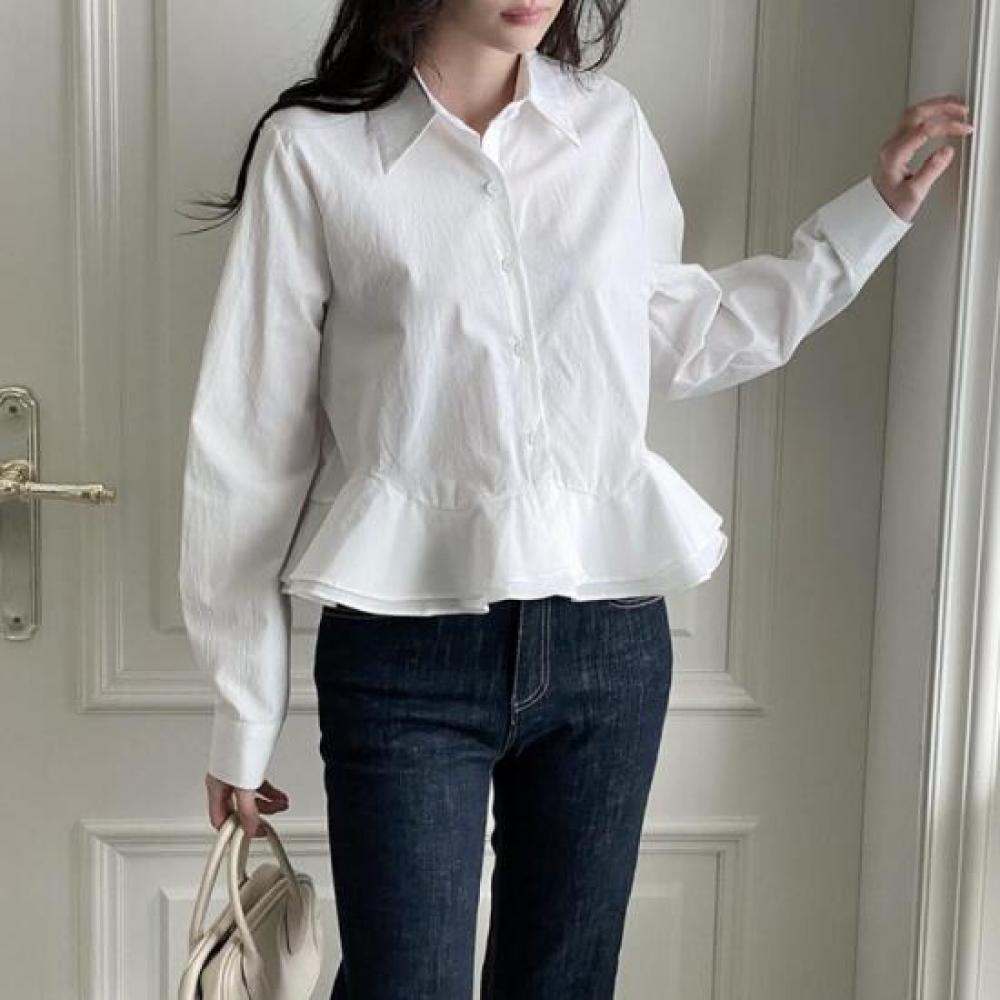New Arrivals Open Run Frill Blouse Peplum Slim Fit Semi Crop Cotton Shirt