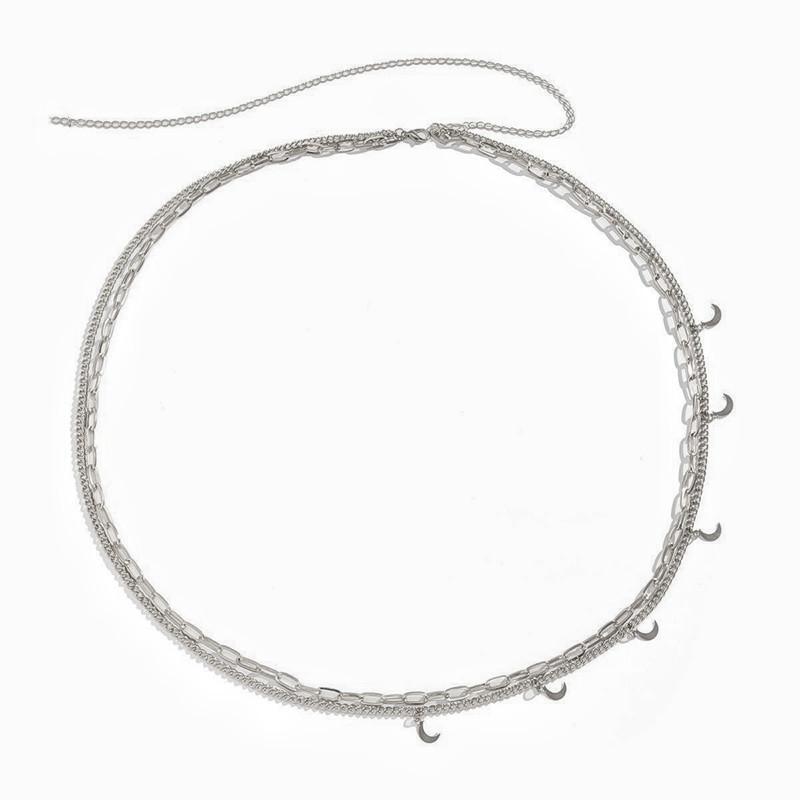 Sexy trendy cool body chain for women, fashionable double-layer hollowed-out cross chain, moon pendant waist chain. серебряный