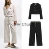 Round Neck Long Sleeve Double Placket Blazers 8372449 High Waist Straight With Chain Belt Ankle Pants 8372249