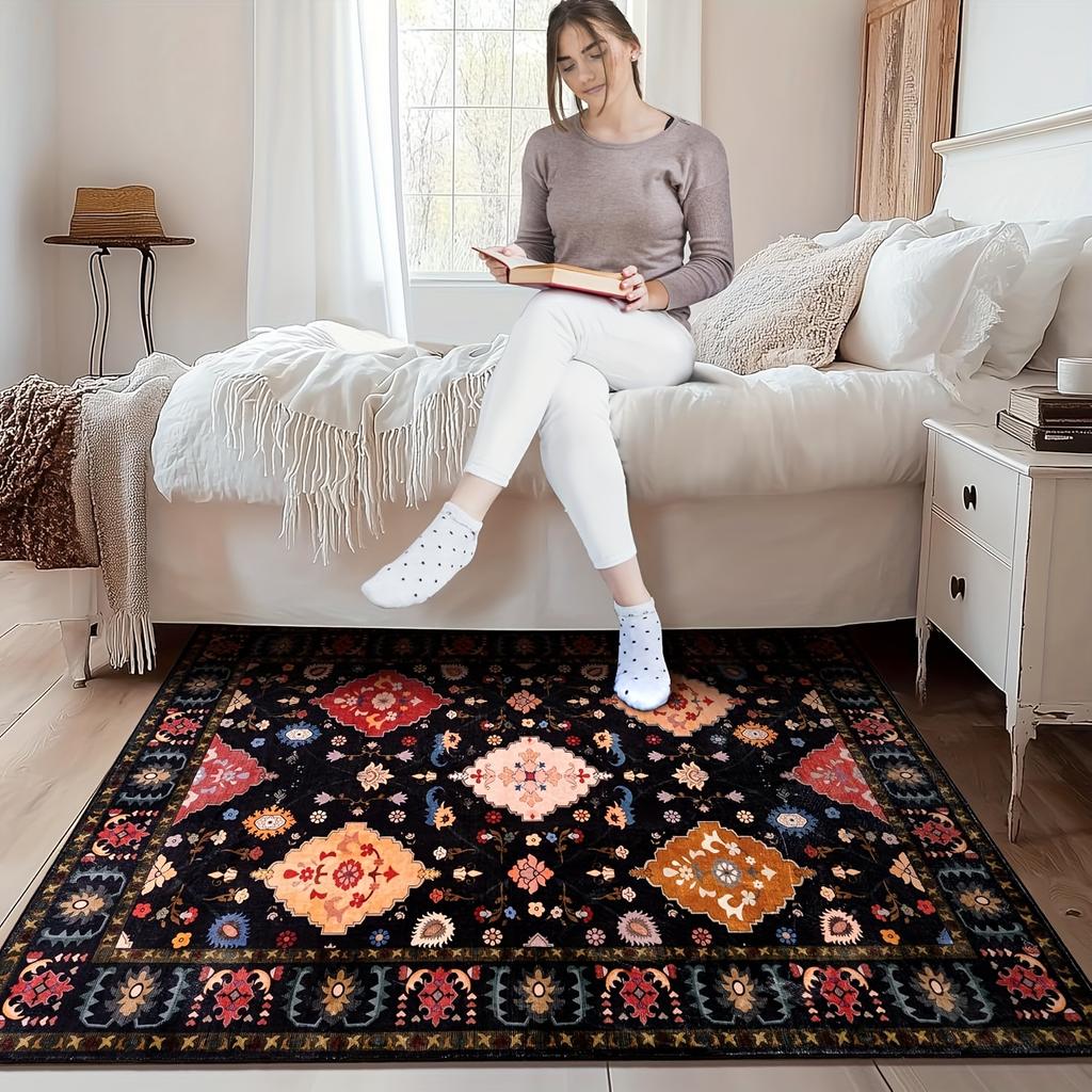 Gnizama Black Floral Living Room Area Rug, Washable Vintage Floral Living Room Rug, Bedroom Area Rug