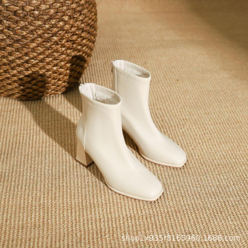 New women's boots high heel square head short boots Martin boots rear zipper short boots spring and autumn single boots women's thick heel boots