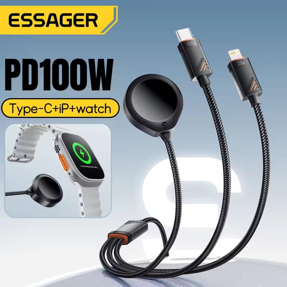 Essager Kabel do ładowania 3 w 1 100W Multi USB C dla Apple iWatch iPhone 16/15/14/13 Pro z kablem do szybkiego ładowania Type C Lightning