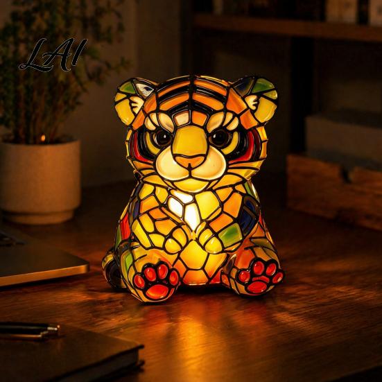 Stained Glass Style Bedside Night Light Vintage Desk Lamp Cute Animal Light Decorative Pastoral Study Table Lamp Reading for Bedroom Kids