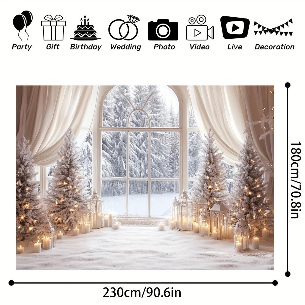 A Christmas Tree and a Polyester Background Cloth with a Snowy Scene Outside the Window Suitable for Living Room Decoration