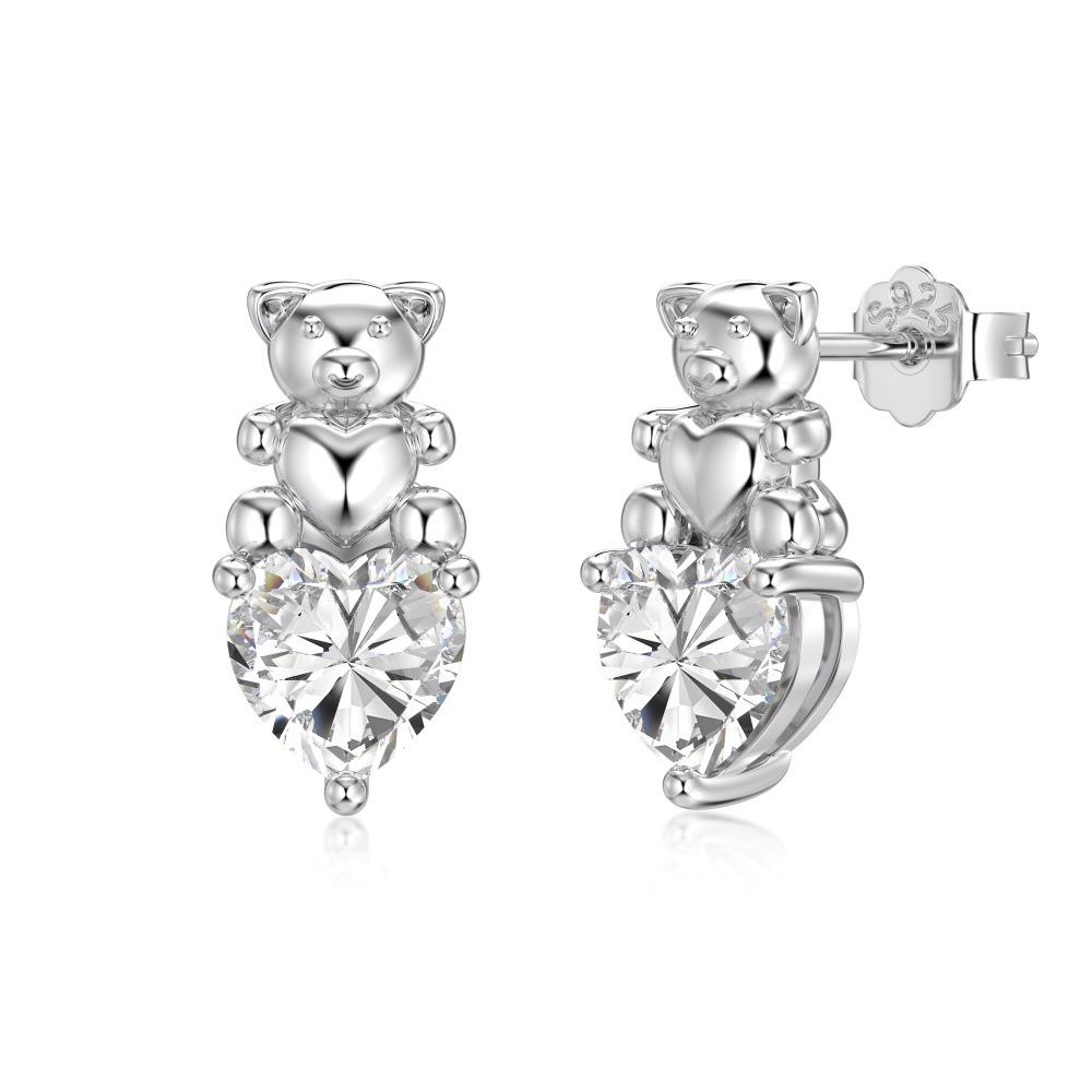 Exquisite S925 Sterling Silver Bear & Heart Necklace Earrings Set - Personalized Sparkling Gift for Women S925 Silver