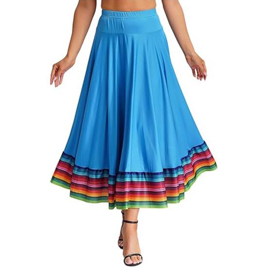 Maxirock für Damen, Volkstanzrock, elastischer Bund, spanischer Swingrock, Regenbogen, großer Swingsaum, mexikanischer Flamenco-Performance-Rock