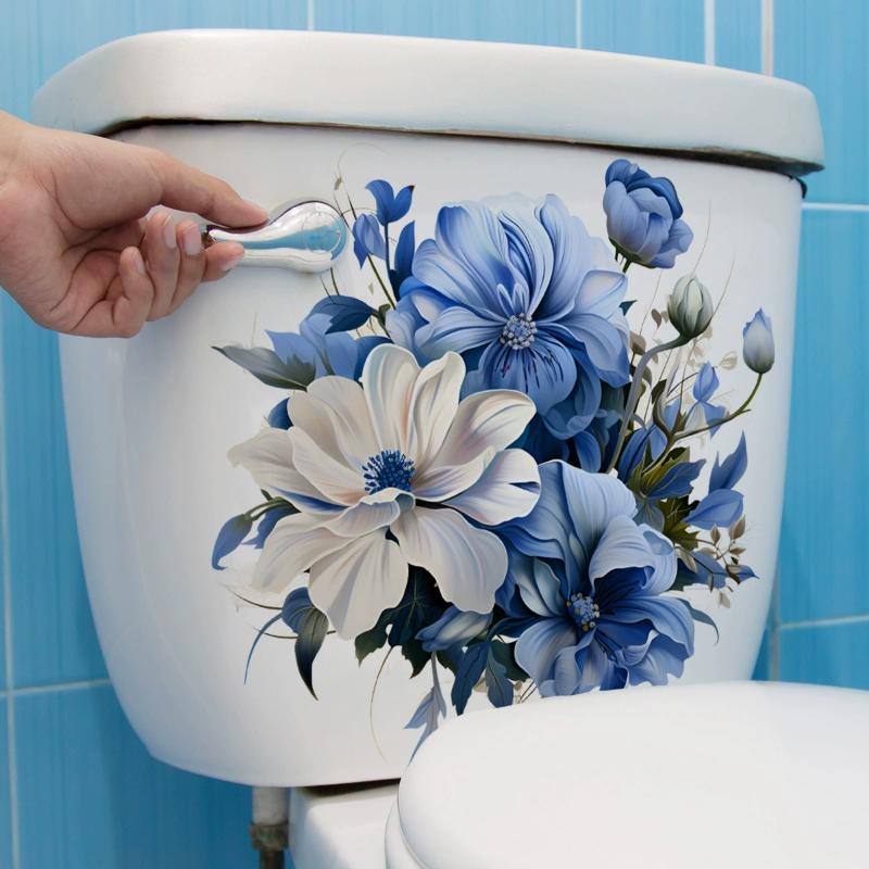 Blue White Floral Toilet Sticker Waterproof Self Adhesive Vivid Print Perfect For Bathroom Home Decor