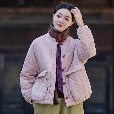 Casacos Femininos Vintage Gola Alta Cor Sólida Manga Longa Patchwork Bolsos Inverno Soltos