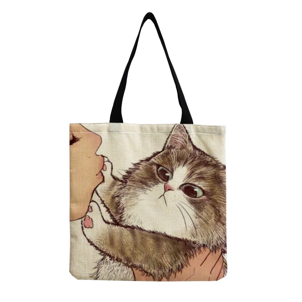 Damen Vintage Leinen-Tragetasche - Große Kapazität Katzen-Print Schulter-Handtasche für Freizeit & Lebensmitteleinkauf KTB