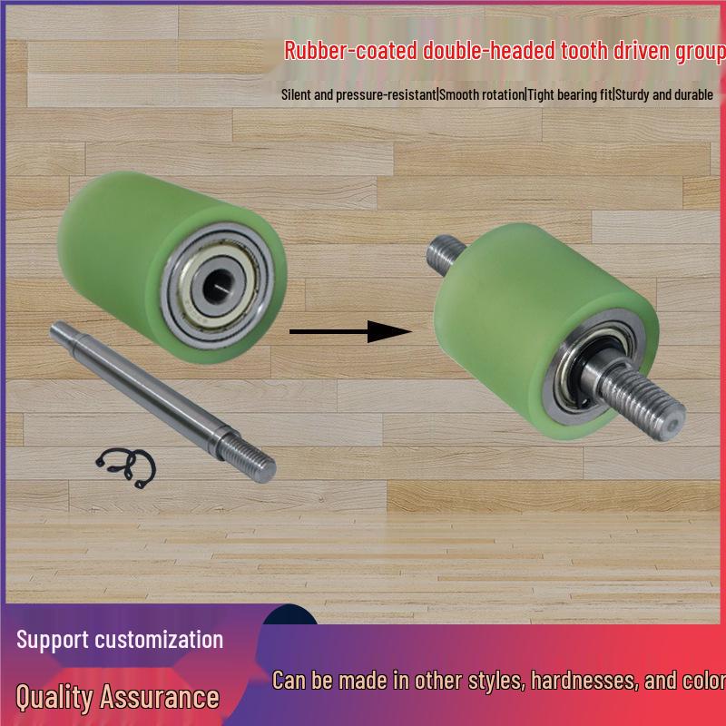 Polyurethane Coated Idler Wheel with Double Head Toothed Belt and Threaded Shaft for Non-Powered Conveyor Systems.