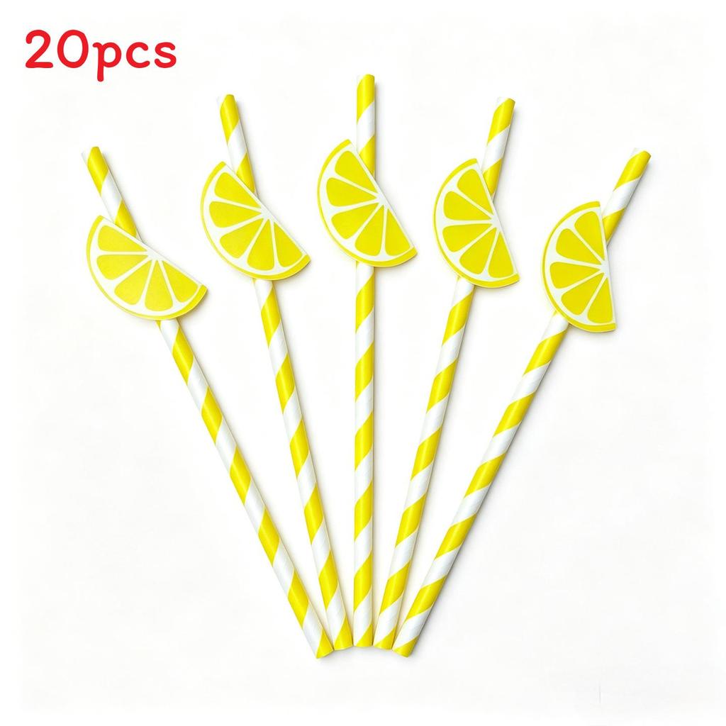Degradable Paper Straws For Parties With Lemon Pattern For Cake Drinks And Cocktails