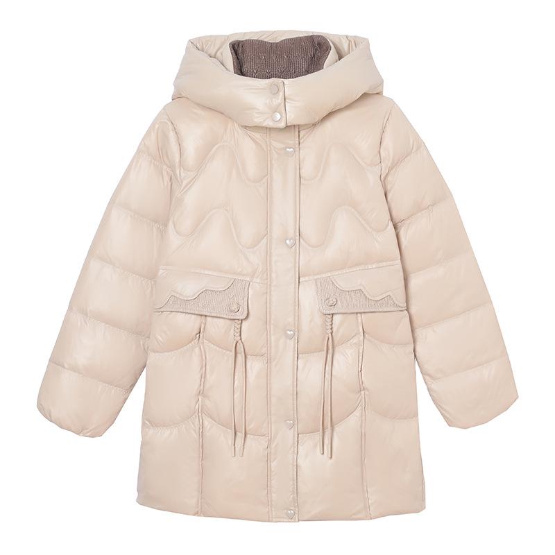 Women's Mid-Length Hooded Lace Pocket Down Jacket - 2025 Winter Slim Fit White Duck Down Coat