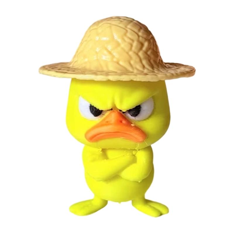 3D Printed Duck Figurine Set of 4 with Angry Face and Crossed Arm, Textured Hat Decorations for Office Desks, Display Shelves, and Entryways