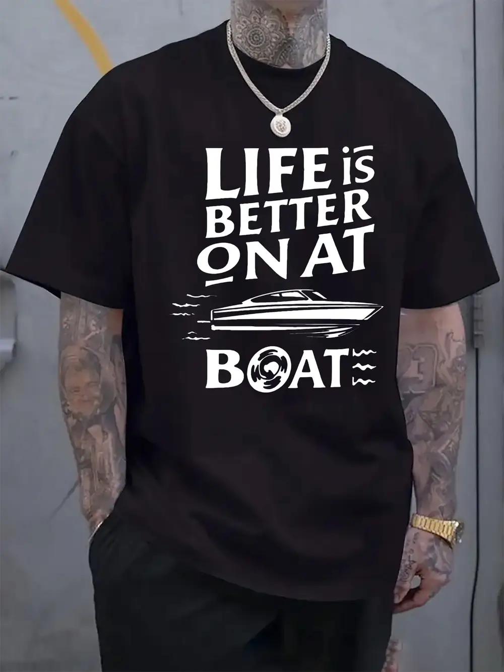 Life is Better on Boat Graphic T-shirt - Black with White Nautical Print XL