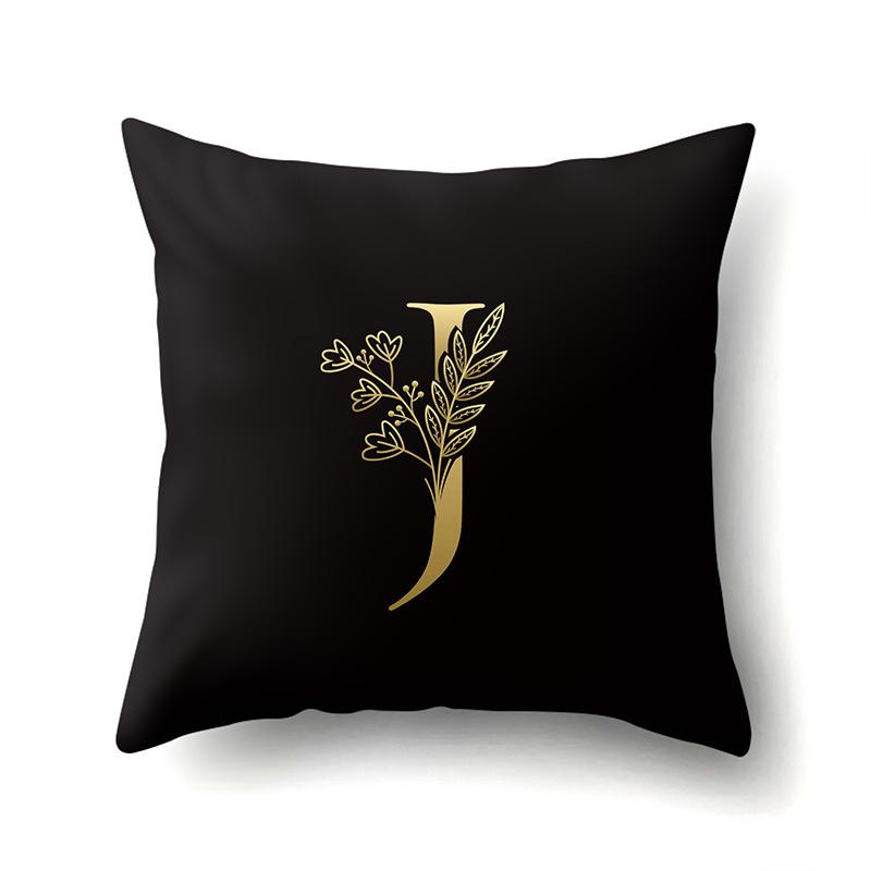 Polyester Pillowcase Car Decoration Black Gold Flower Pillowcase 26 English Letters Home Cushion Cover