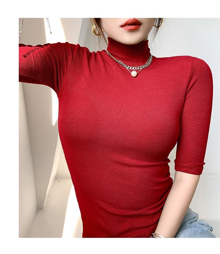 Elastic Slim Cotton Turtleneck T Shirts For Women Casual Short Sleeve Tee