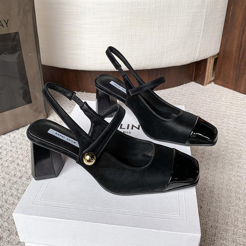 Fashion Summer Genuine Leather Toe Block Heel Mary Jane Shoes Women's High Heels Fashion Women's Shoes Comfortable and Elegant Sandals