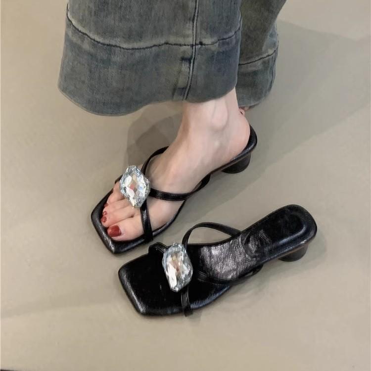 Fairy style women's shoes French rhinestone sandals women's shoes spring and summer wear silver thick heels cool slippers high heels